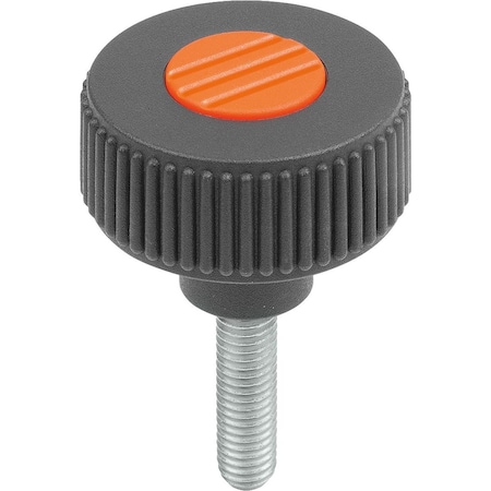 Kipp Knurled Knob Size:2, D1=50 D=M10X20, , Form:L, Plastic Black Ral7021, Comp:Stainless, Cap:Orange Ral K0261.52101X20